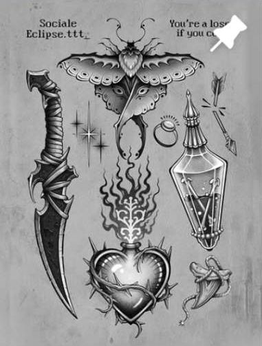 Flash sheet met dolk, mot, hart en flesje